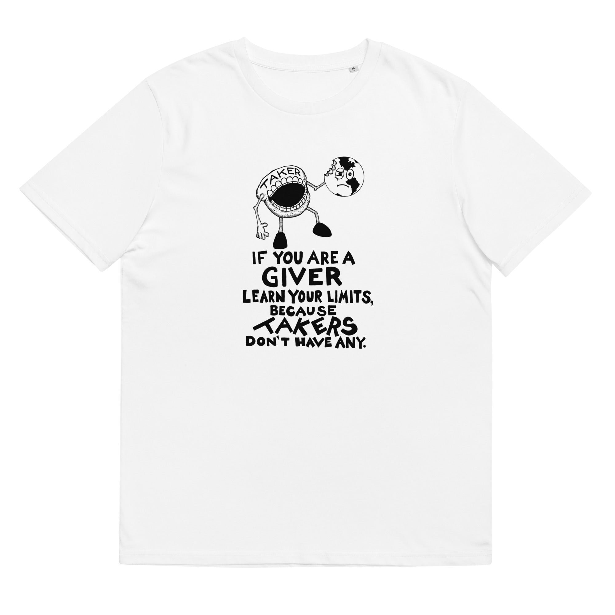The Taker Organic Cotton Gender Neutral Crew Neck T-Shirt In White by Artist Rick Frausto