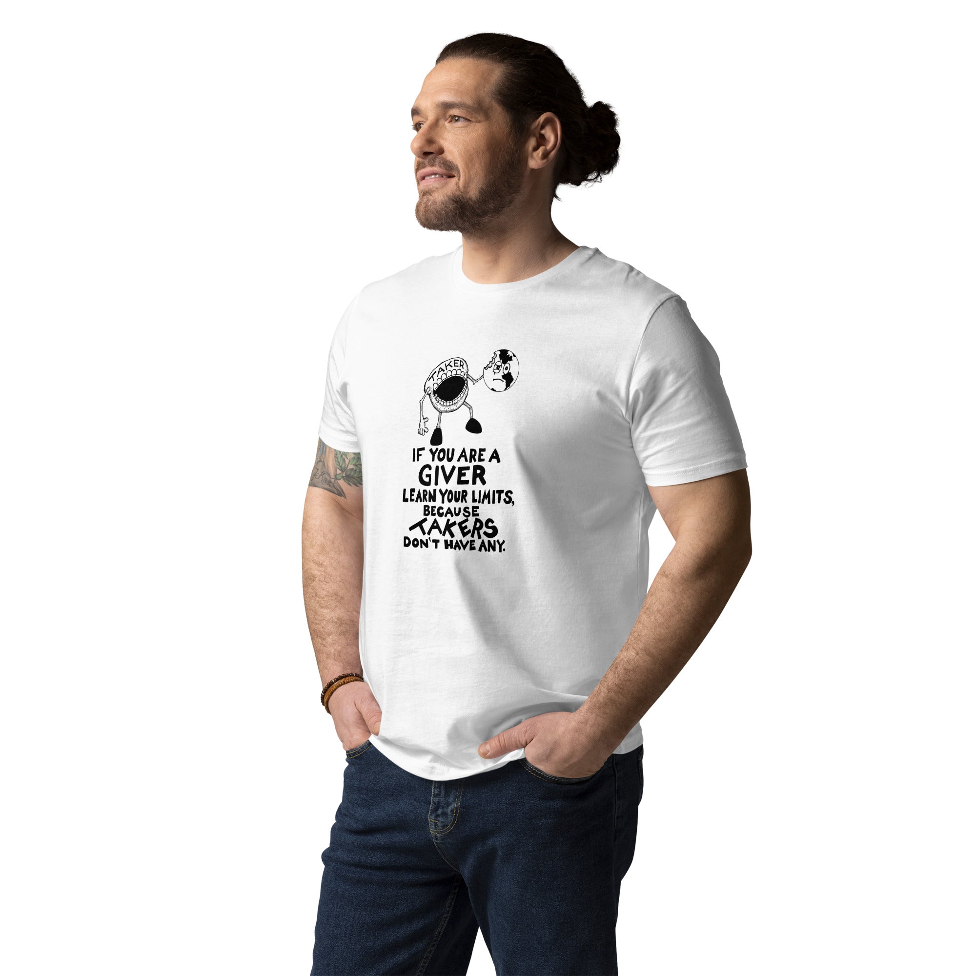 The Taker Organic Cotton Gender Neutral Crew Neck T-Shirt In White by Artist Rick Frausto