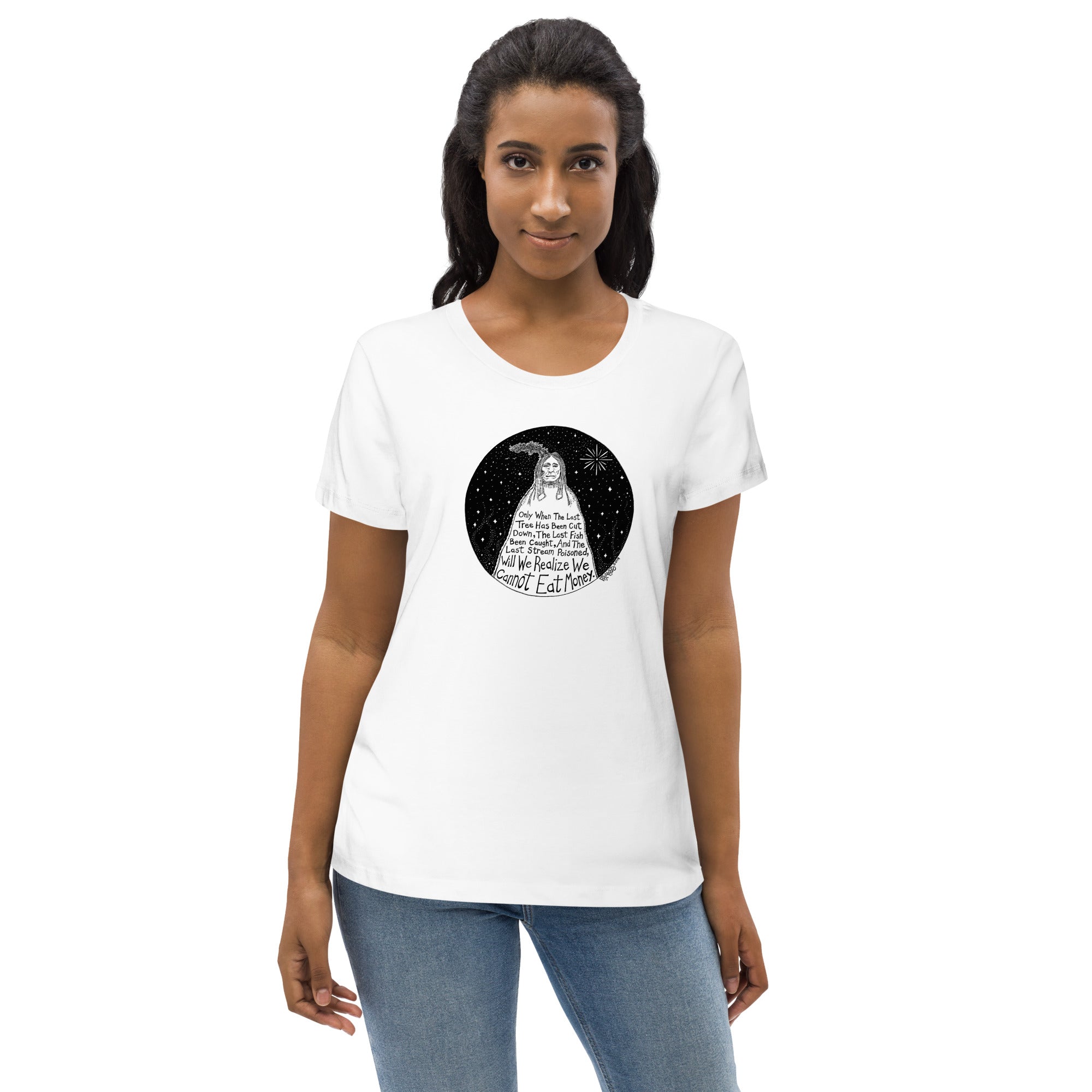 Native American Proverb Organic Cotton Scoop Neck T-Shirt In White By Artist Rick Frausto